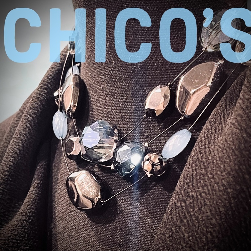 Chico’s Blue Stone Rhinestone Statement Necklace Gunmetal Black
